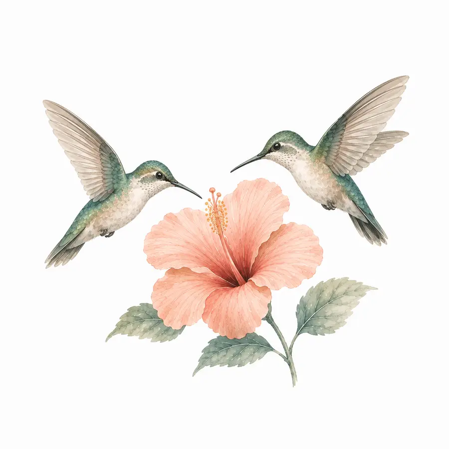 Zwei Kolibris an einer Hibiskusblüte